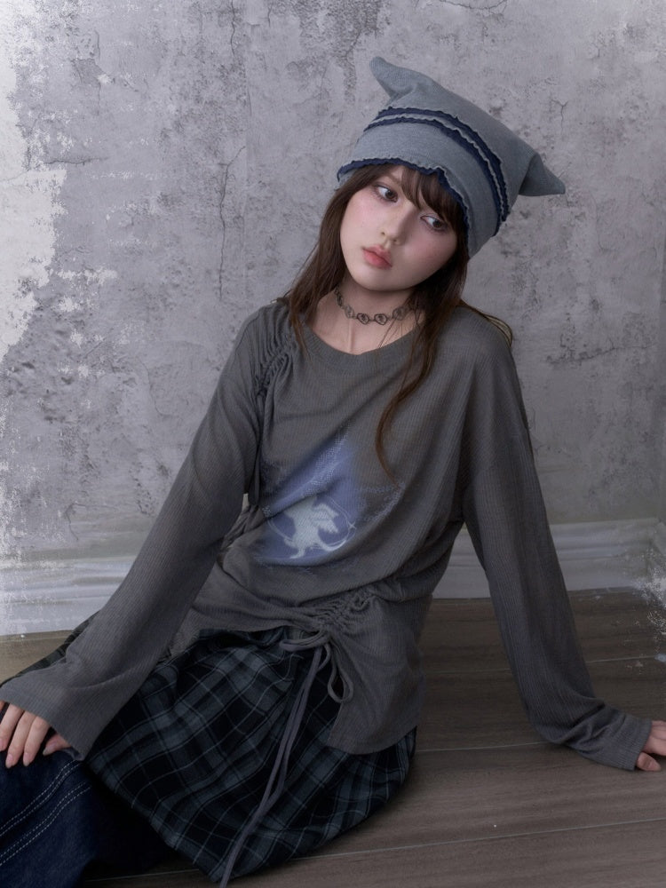 Y2K Gray Unicorn Drawstring Irregular Design T-shirt【s0000018756】