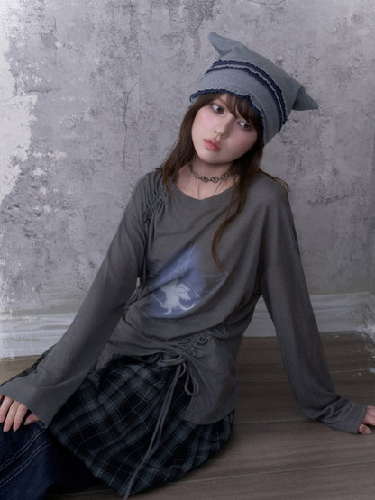 Y2K Gray Unicorn Drawstring Irregular Design T-shirt【s0000018756】