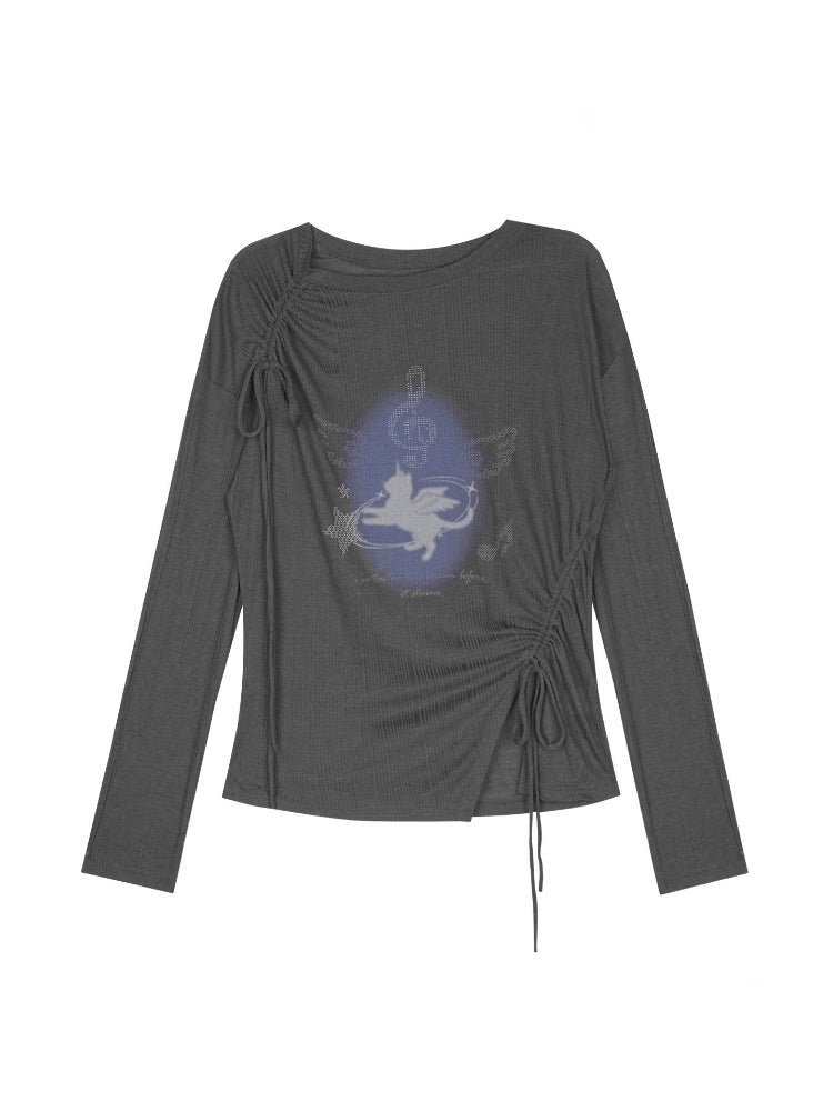 Y2K Gray Unicorn Drawstring Irregular Design T-shirt【s0000018756】