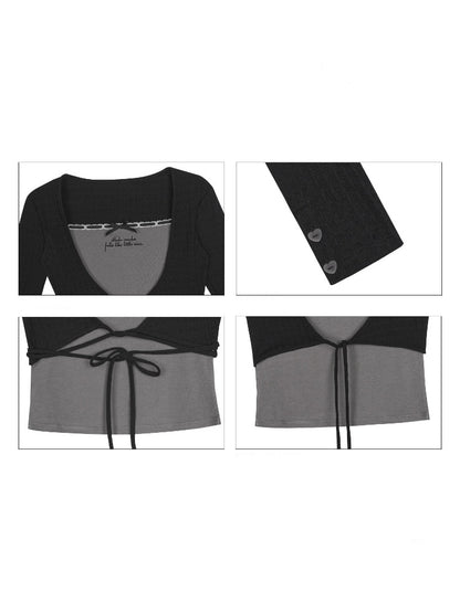 Black&Gray Faux Two-Piece Fit Top With Neck Warmer【s0000018757】