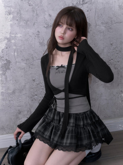 Black&Gray Faux Two-Piece Fit Top With Neck Warmer【s0000018757】