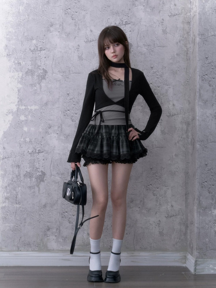 Black&Gray Faux Two-Piece Fit Top With Neck Warmer【s0000018757】