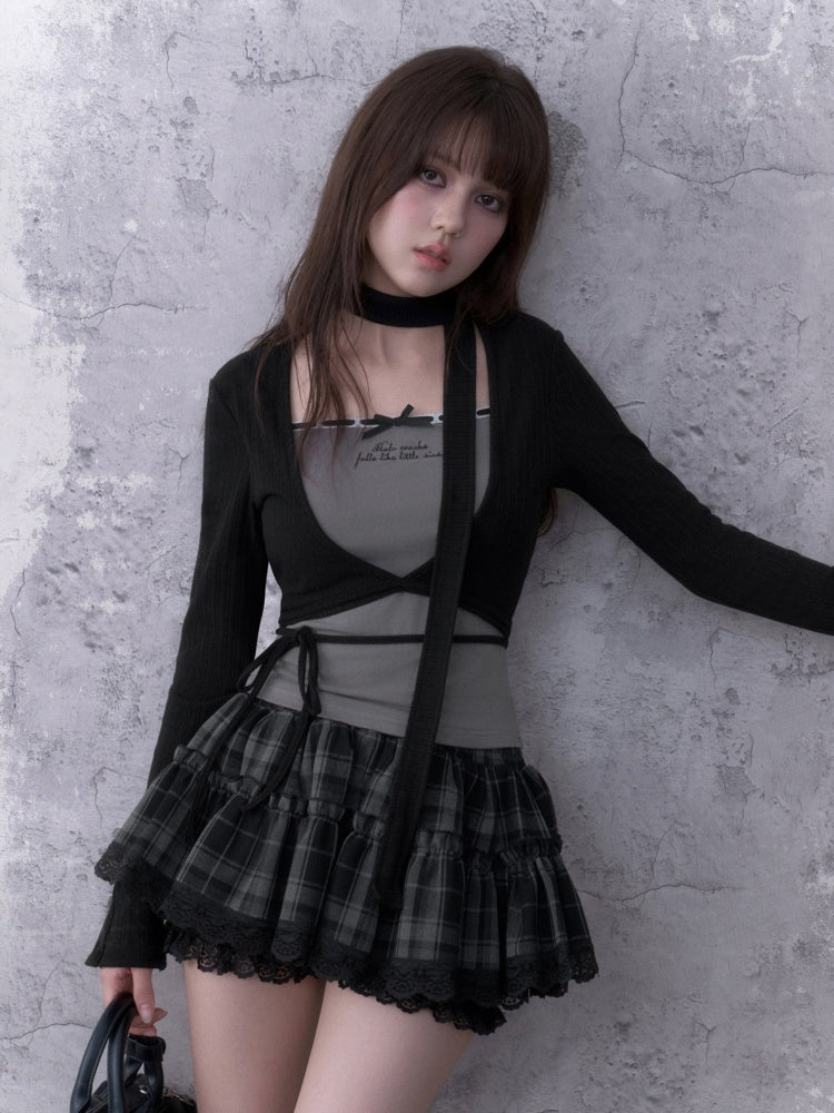 Black&Gray Faux Two-Piece Fit Top With Neck Warmer【s0000018757】
