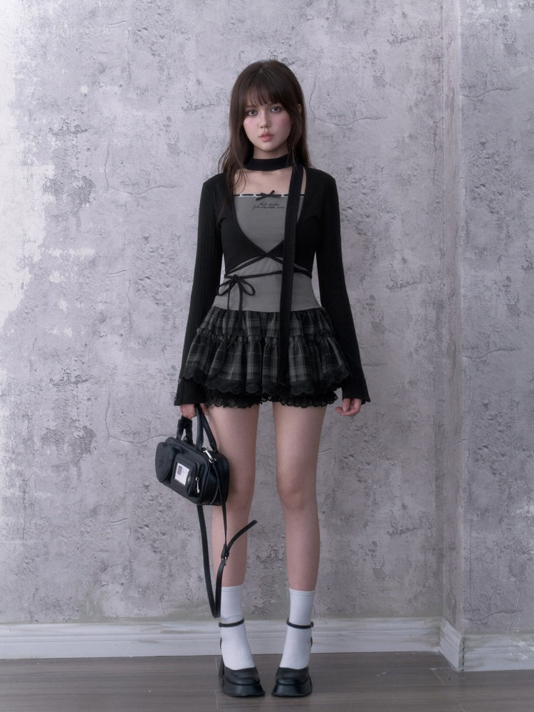 Black&Gray Faux Two-Piece Fit Top With Neck Warmer【s0000018757】