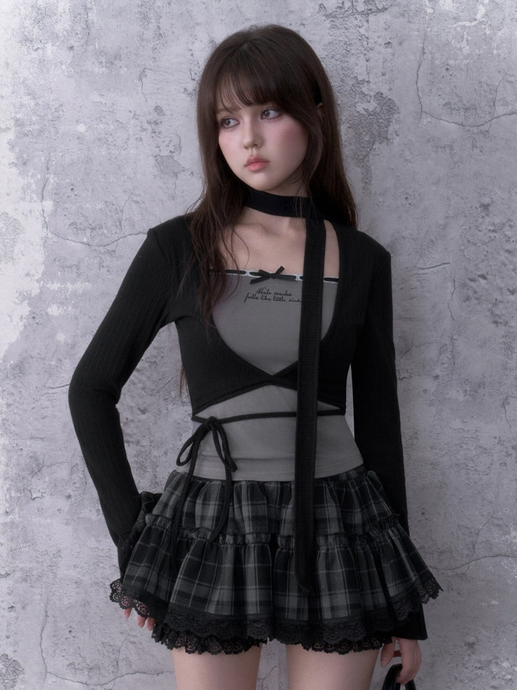 Black&Gray Faux Two-Piece Fit Top With Neck Warmer【s0000018757】