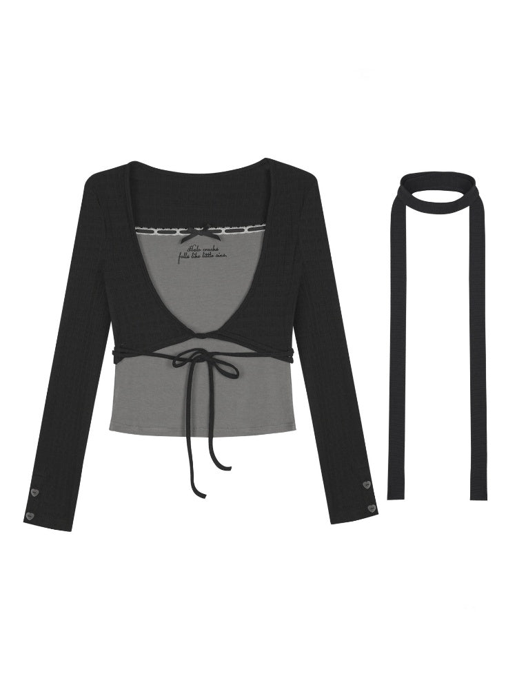 Black&Gray Faux Two-Piece Fit Top With Neck Warmer【s0000018757】
