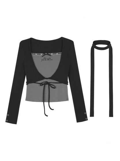 Black&Gray Faux Two-Piece Fit Top With Neck Warmer【s0000018757】
