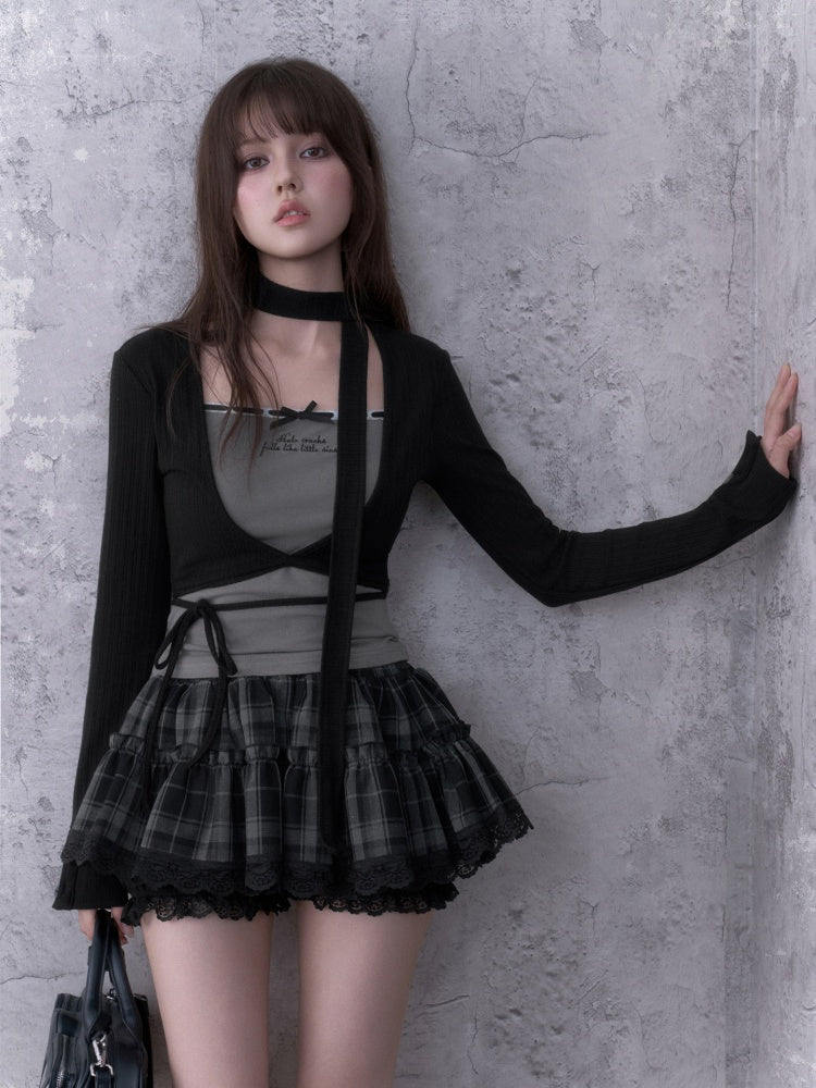 Black&Gray Faux Two-Piece Fit Top With Neck Warmer【s0000018757】