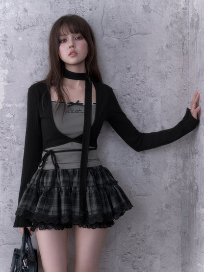Black&Gray Faux Two-Piece Fit Top With Neck Warmer【s0000018757】