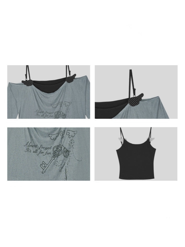 Relaxed Gray-Blue Loose Collar Fake Two-Piece Slimming Tops【s0000018758】