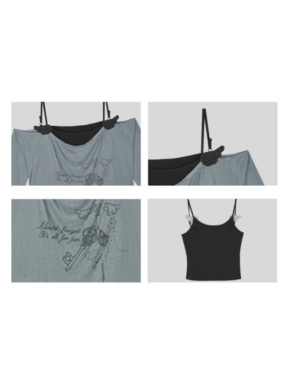Relaxed Gray-Blue Loose Collar Fake Two-Piece Slimming Tops【s0000018758】