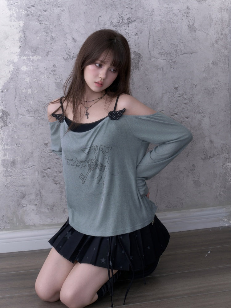 Relaxed Gray-Blue Loose Collar Fake Two-Piece Slimming Tops【s0000018758】