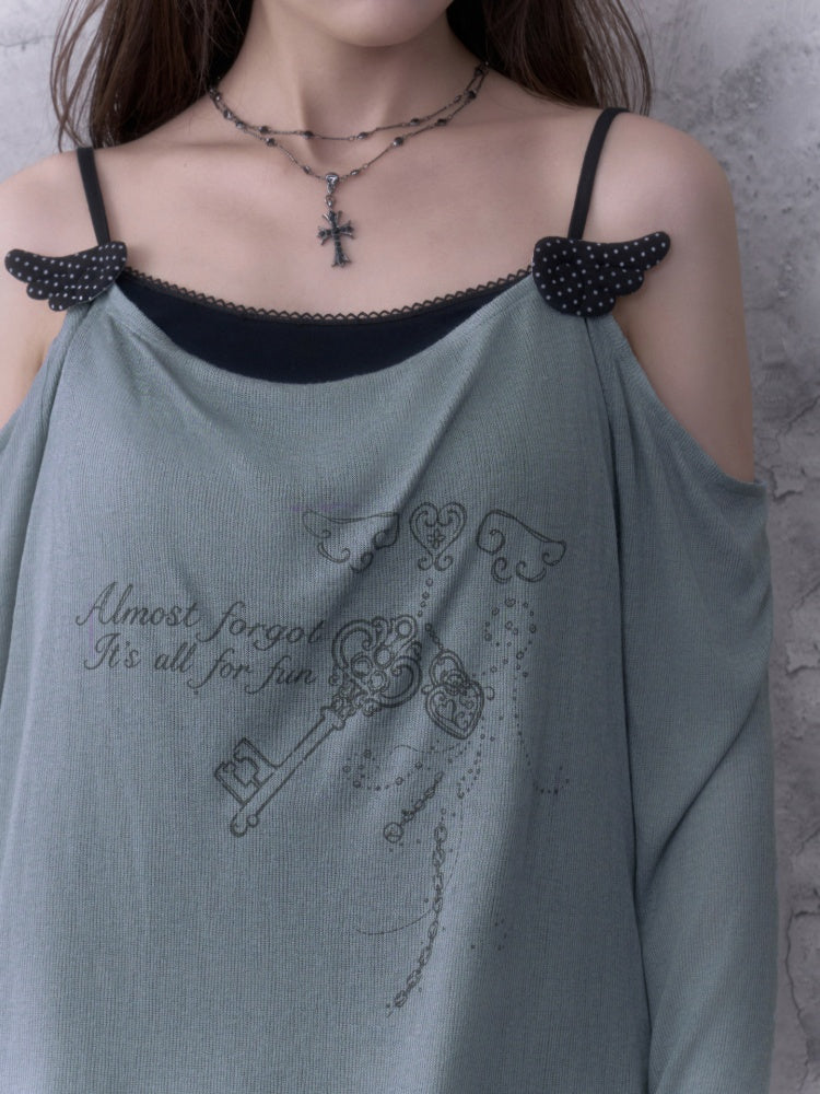 Relaxed Gray-Blue Loose Collar Fake Two-Piece Slimming Tops【s0000018758】