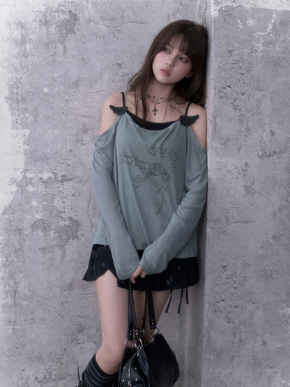 Relaxed Gray-Blue Loose Collar Fake Two-Piece Slimming Tops【s0000018758】