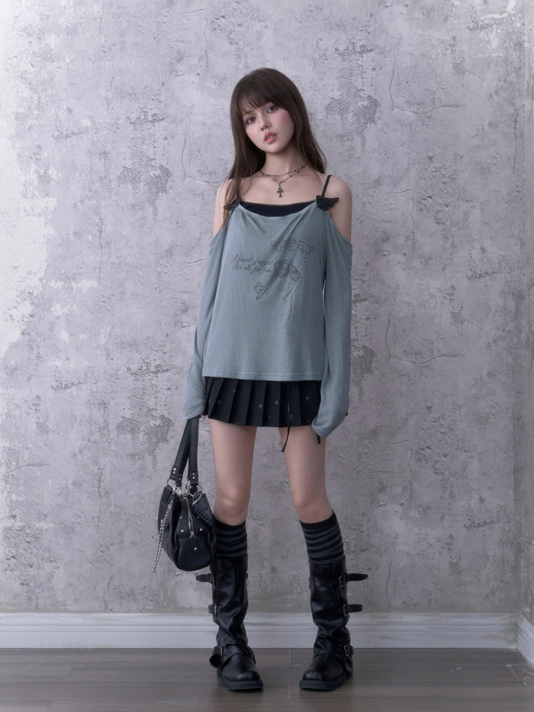 Relaxed Gray-Blue Loose Collar Fake Two-Piece Slimming Tops【s0000018758】
