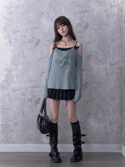 Relaxed Gray-Blue Loose Collar Fake Two-Piece Slimming Tops【s0000018758】