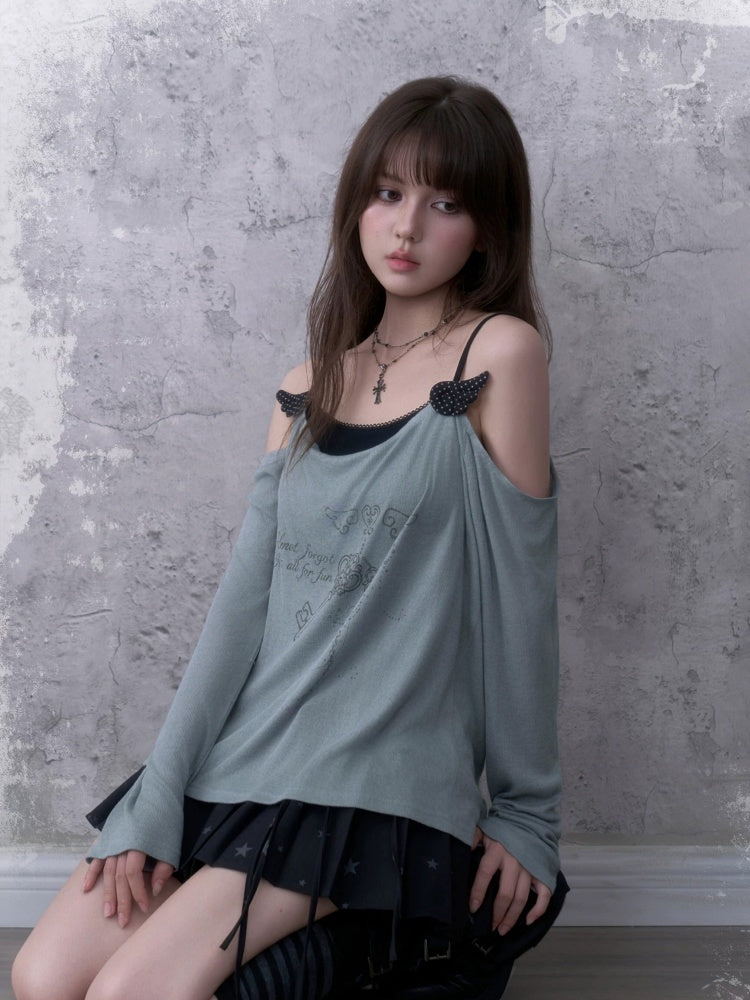 Relaxed Gray-Blue Loose Collar Fake Two-Piece Slimming Tops【s0000018758】