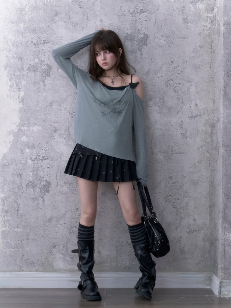 Relaxed Gray-Blue Loose Collar Fake Two-Piece Slimming Tops【s0000018758】