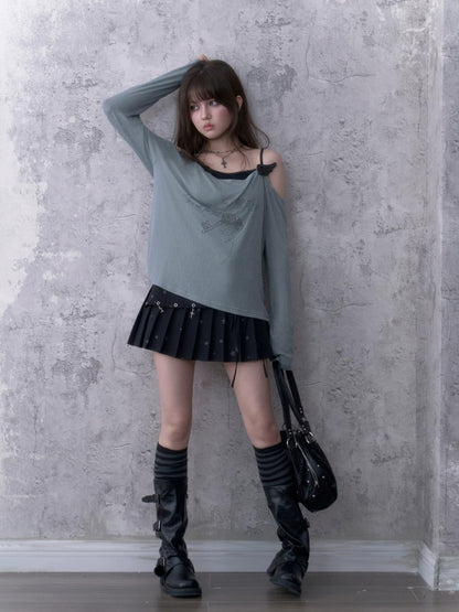 Relaxed Gray-Blue Loose Collar Fake Two-Piece Slimming Tops【s0000018758】