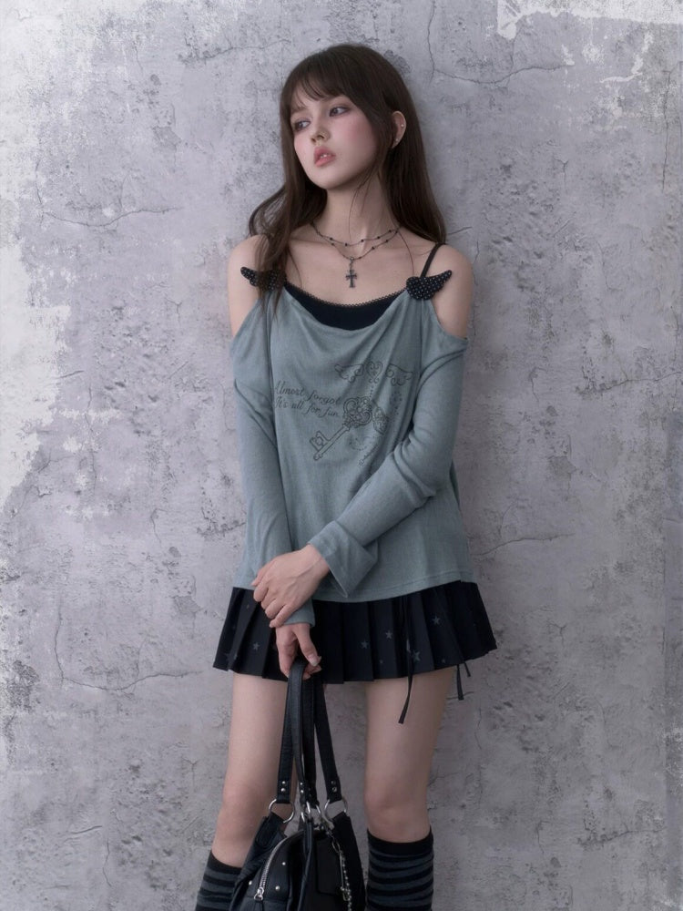 Relaxed Gray-Blue Loose Collar Fake Two-Piece Slimming Tops【s0000018758】
