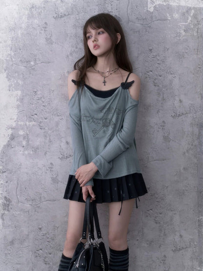 Relaxed Gray-Blue Loose Collar Fake Two-Piece Slimming Tops【s0000018758】