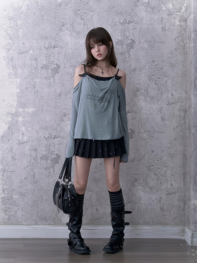 Relaxed Gray-Blue Loose Collar Fake Two-Piece Slimming Tops【s0000018758】