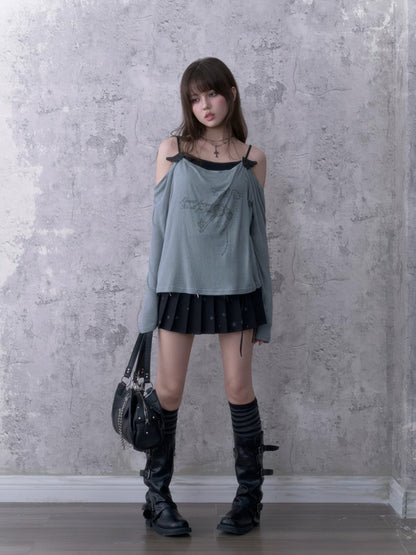 Relaxed Gray-Blue Loose Collar Fake Two-Piece Slimming Tops【s0000018758】