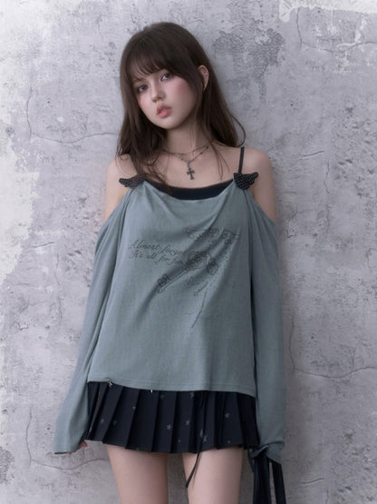 Relaxed Gray-Blue Loose Collar Fake Two-Piece Slimming Tops【s0000018758】