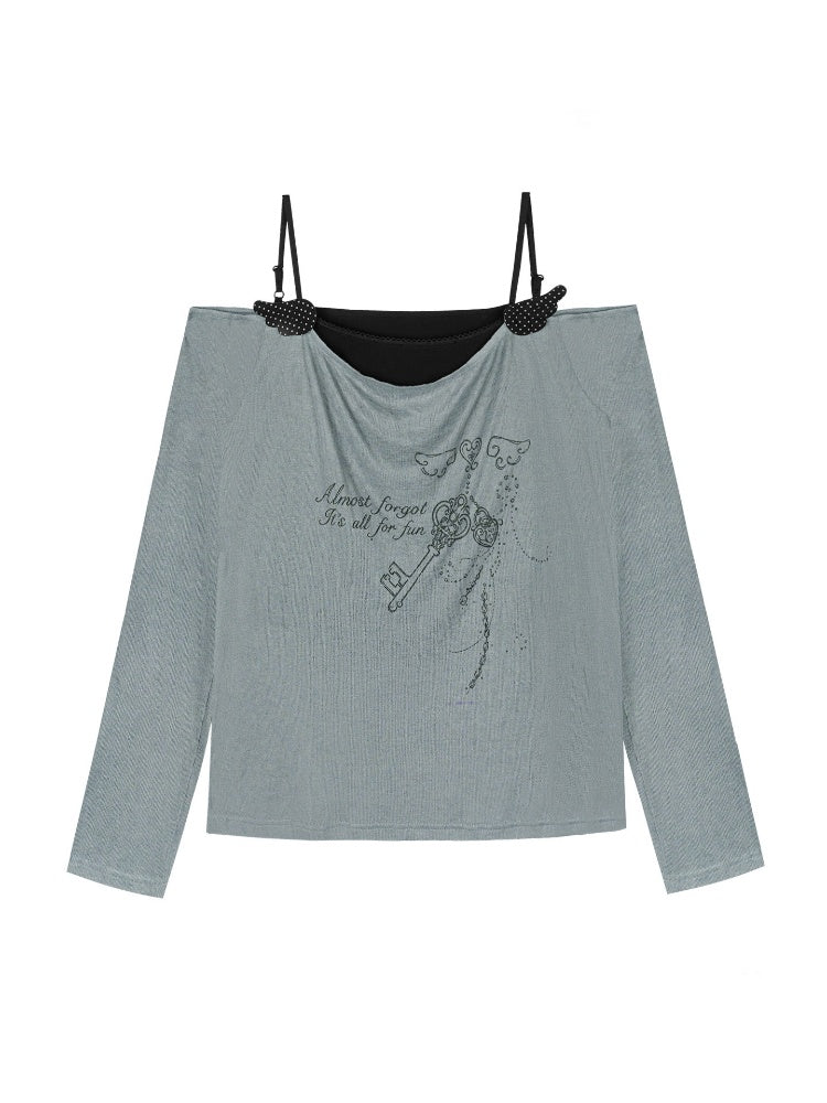 Relaxed Gray-Blue Loose Collar Fake Two-Piece Slimming Tops【s0000018758】