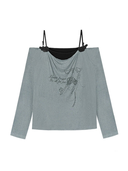Relaxed Gray-Blue Loose Collar Fake Two-Piece Slimming Tops【s0000018758】