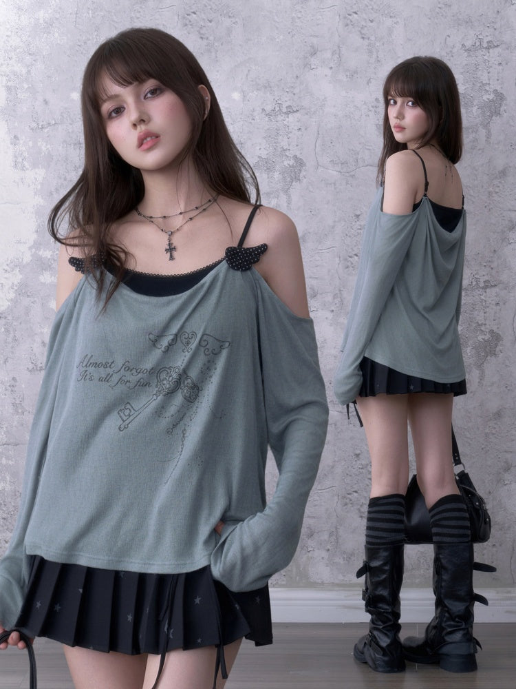 Relaxed Gray-Blue Loose Collar Fake Two-Piece Slimming Tops【s0000018758】