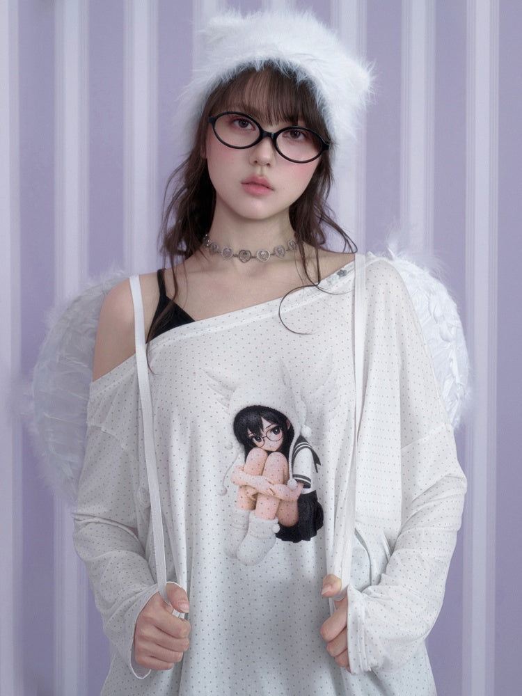 White Star Sailor Angel Crossbody Fake Two-Piece Loose T-shirt【s0000018759】
