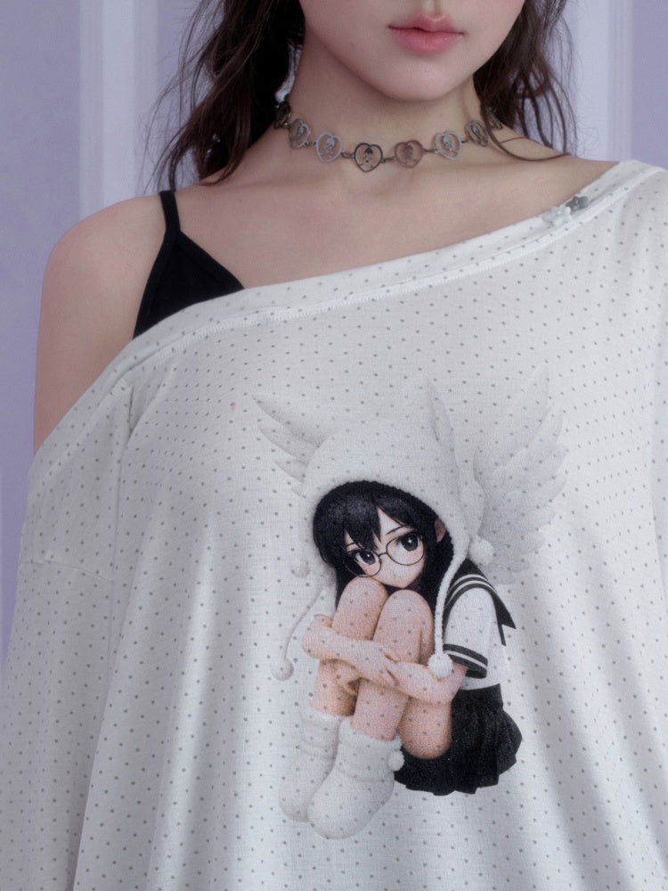 White Star Sailor Angel Crossbody Fake Two-Piece Loose T-shirt【s0000018759】