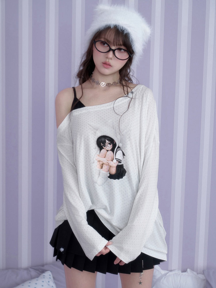 White Star Sailor Angel Crossbody Fake Two-Piece Loose T-shirt【s0000018759】