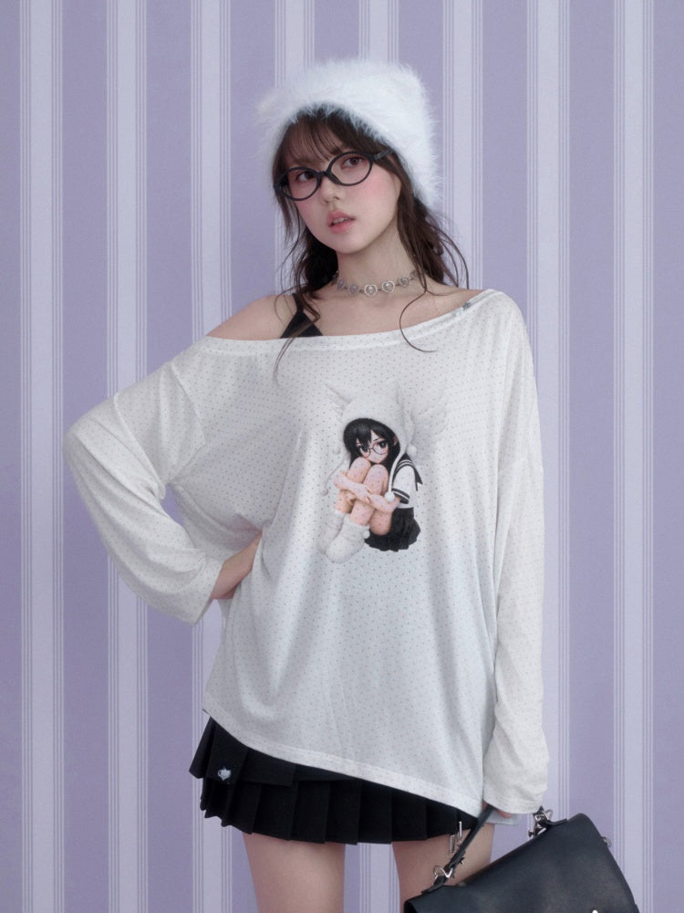 White Star Sailor Angel Crossbody Fake Two-Piece Loose T-shirt【s0000018759】