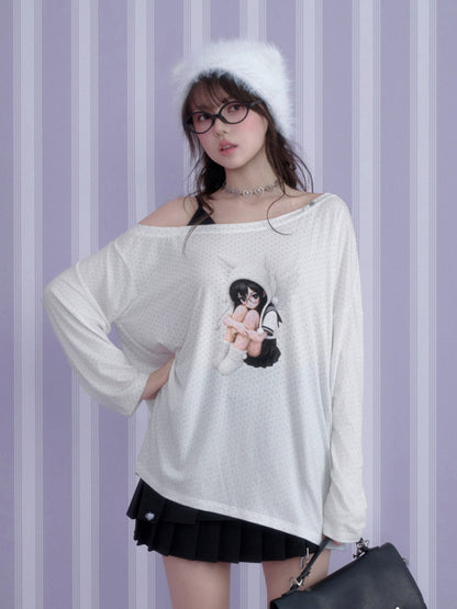 White Star Sailor Angel Crossbody Fake Two-Piece Loose T-shirt【s0000018759】