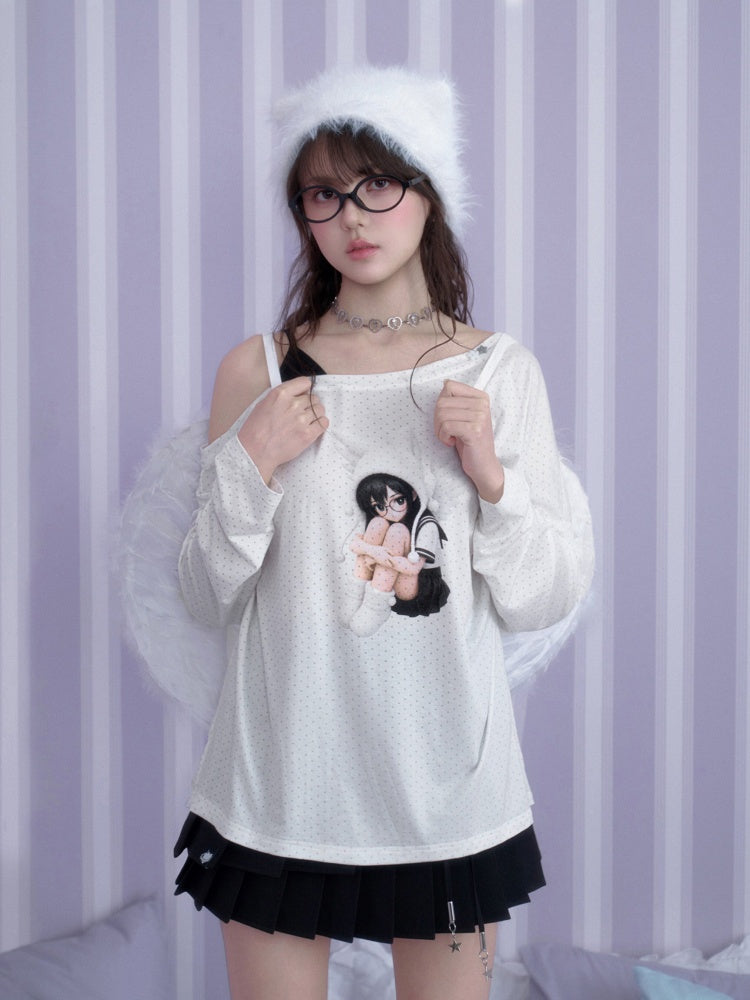 White Star Sailor Angel Crossbody Fake Two-Piece Loose T-shirt【s0000018759】
