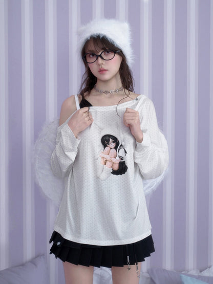 White Star Sailor Angel Crossbody Fake Two-Piece Loose T-shirt【s0000018759】