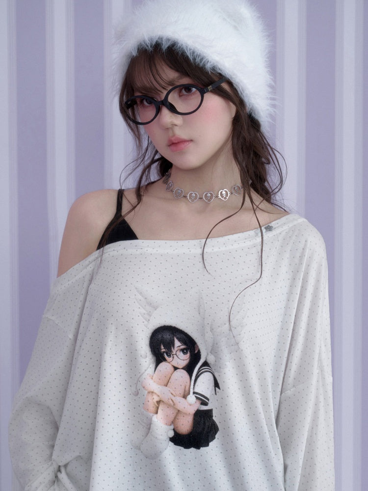 White Star Sailor Angel Crossbody Fake Two-Piece Loose T-shirt【s0000018759】