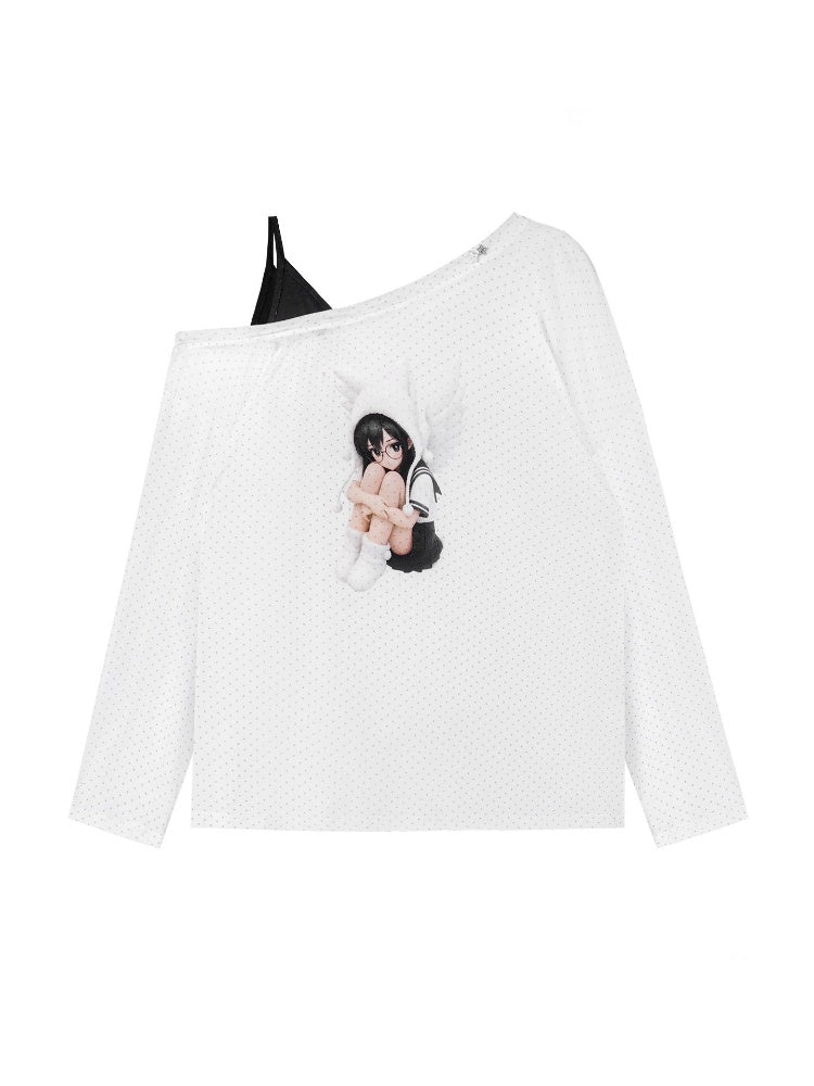 White Star Sailor Angel Crossbody Fake Two-Piece Loose T-shirt【s0000018759】