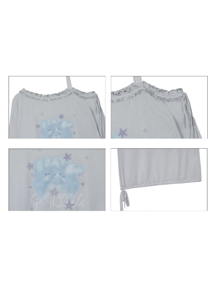 Sweet Vintage Misty Bunny Gray Asymmetrical Shoulder Print Loose T-shirt【s0000018760】