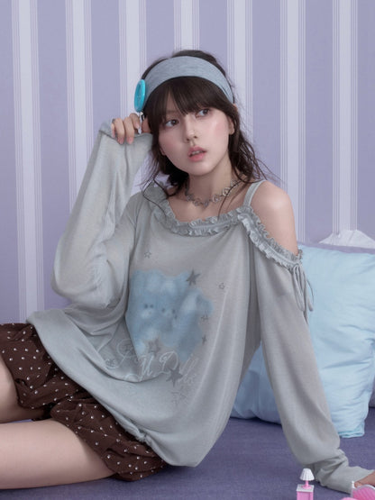 Sweet Vintage Misty Bunny Gray Asymmetrical Shoulder Print Loose T-shirt【s0000018760】