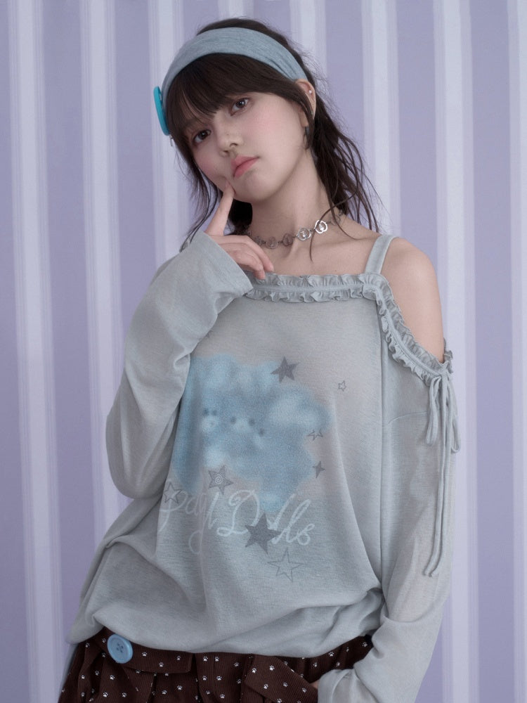 Sweet Vintage Misty Bunny Gray Asymmetrical Shoulder Print Loose T-shirt【s0000018760】