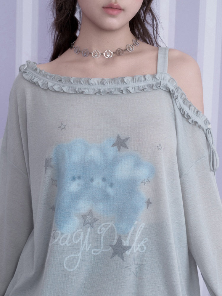 Sweet Vintage Misty Bunny Gray Asymmetrical Shoulder Print Loose T-shirt【s0000018760】