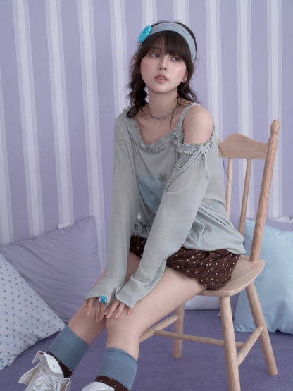 Sweet Vintage Misty Bunny Gray Asymmetrical Shoulder Print Loose T-shirt【s0000018760】