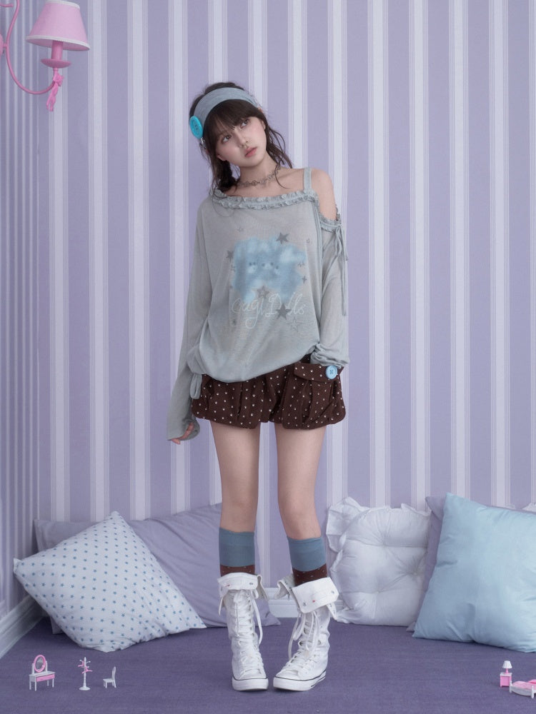 Sweet Vintage Misty Bunny Gray Asymmetrical Shoulder Print Loose T-shirt【s0000018760】