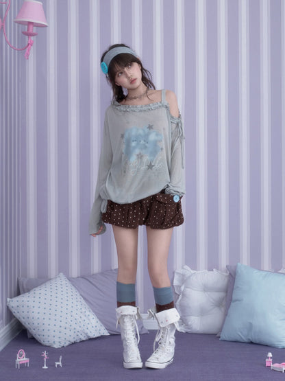 Sweet Vintage Misty Bunny Gray Asymmetrical Shoulder Print Loose T-shirt【s0000018760】