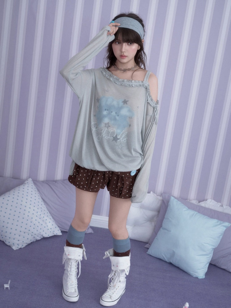 Sweet Vintage Misty Bunny Gray Asymmetrical Shoulder Print Loose T-shirt【s0000018760】