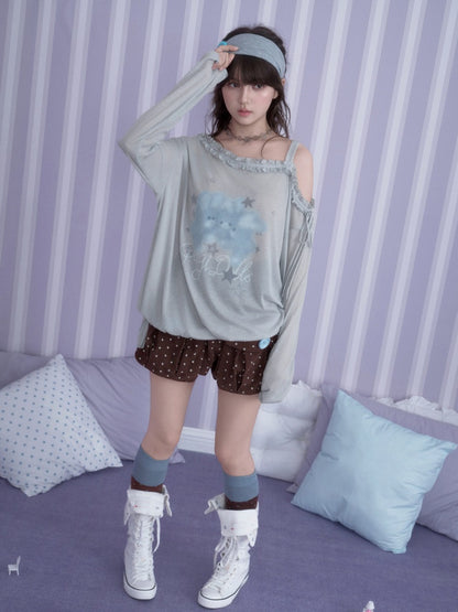 Sweet Vintage Misty Bunny Gray Asymmetrical Shoulder Print Loose T-shirt【s0000018760】