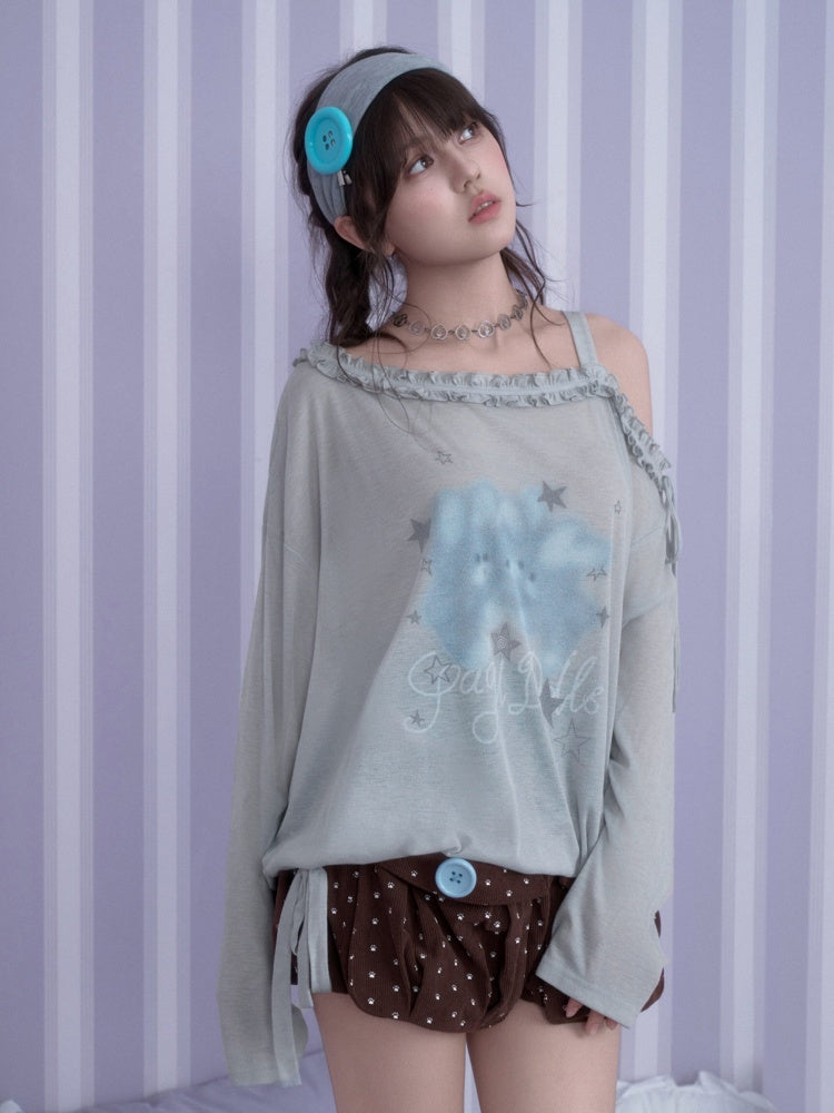 Sweet Vintage Misty Bunny Gray Asymmetrical Shoulder Print Loose T-shirt【s0000018760】